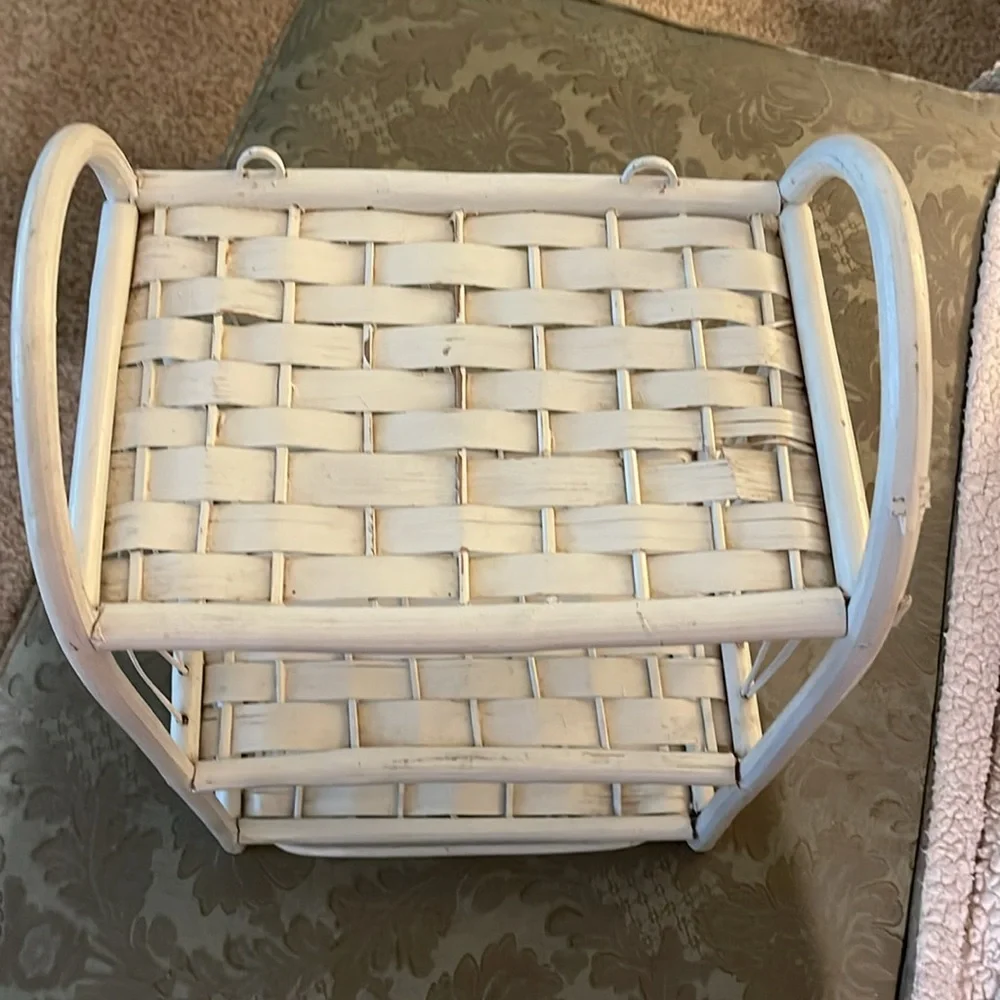 Vintage White Wicker Rattan 3 Tier Wall Shelf with Towel Bar-Boho MCM
